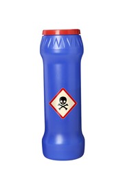 Bottle of toxic household chemical with warning sign on white background