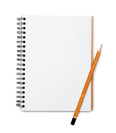Notebook and pencil isolated on white, top view