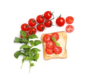 Delicious toast with butter, tomatoes and basil isolated on white, top view