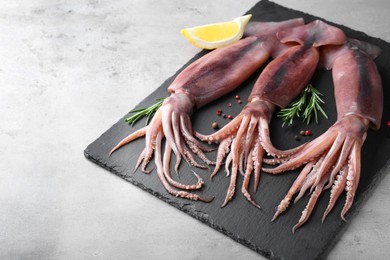 Photo of Fresh raw squids with lemon, rosemary and pepper on grey table, closeup. Space for text