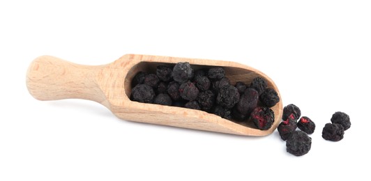 Photo of Scoop with freeze dried blueberries on white background