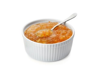 Bowl of delicious orange marmalade with spoon on white background