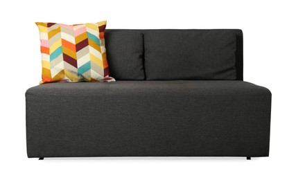 Stylish grey sofa with bright cushion in room