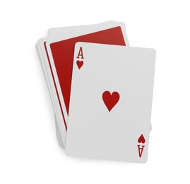 Deck of playing cards on white background, top view