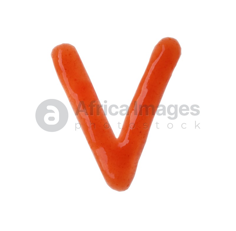 Photo of Letter V written with red sauce on white background