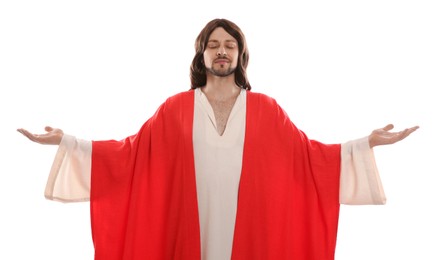 Jesus Christ with outstretched arms on white background