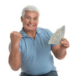 Emotional senior man with cash money on white background