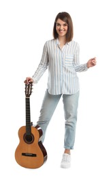 Music teacher with guitar on white background