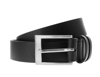 Stylish black leather belt isolated on white
