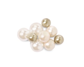 Many beautiful oyster pearls on white background, to view