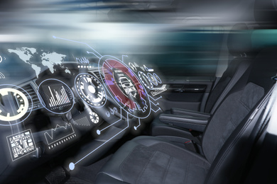 Image of Futuristic technology. Car interior with graphical user interface