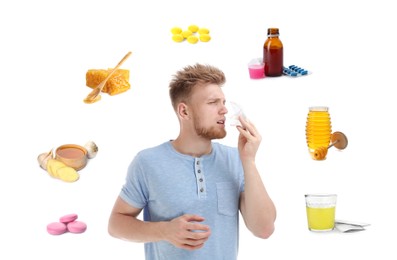 SIck man surrounded by different drugs and products for illness treatment on white background