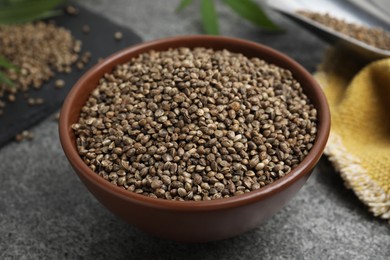 Bowl with hemp seeds on grey table