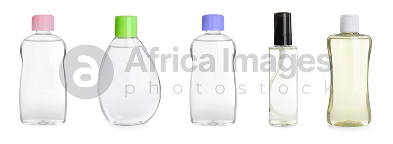 Set with bottles of baby oil on white background. Banner design