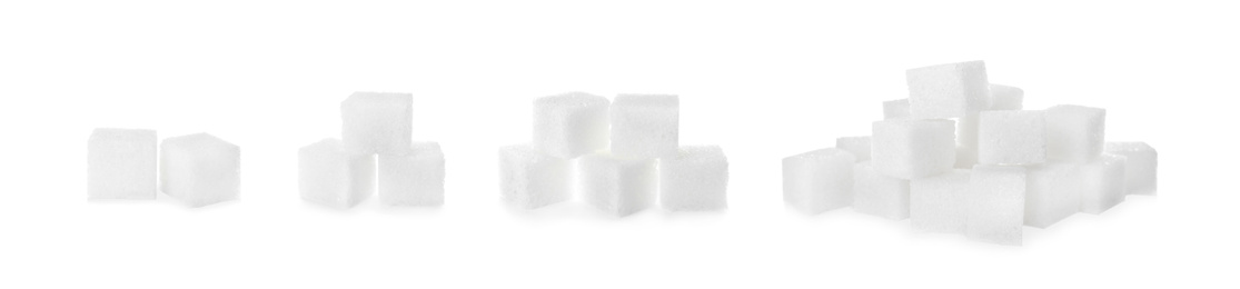 Set with refined sugar cubes on white background. Banner design  