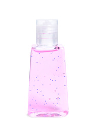 Photo of Bottle with antiseptic gel isolated on white