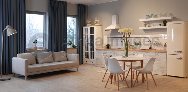 Modern kitchen interior with new stylish furniture. Banner design