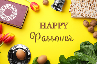 Flat lay composition with symbolic Pesach (Passover Seder) items on yellow background