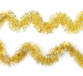 Shiny golden tinsels on white background, collage. Christmas decoration