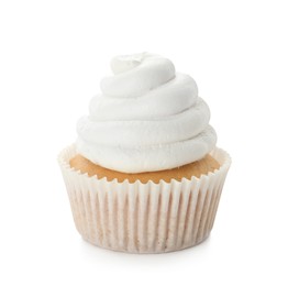 Tasty cupcake with frosting isolated on white