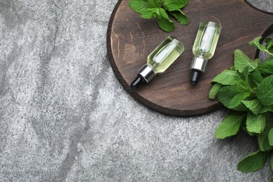 Bottles of essential oil and mint on grey table, top view. Space for text