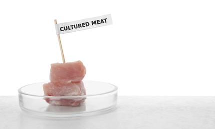 Photo of Pieces of raw cultured meat with toothpick label in Petri dish on table against white background, space for text