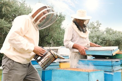 Beekeepers in uniform harvesting honey at apiary