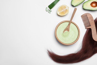 Flat lay composition with homemade hair mask and ingredients on white background. Space for text