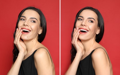 Photo before and after retouch, collage. Portrait of beautiful young woman on red background 