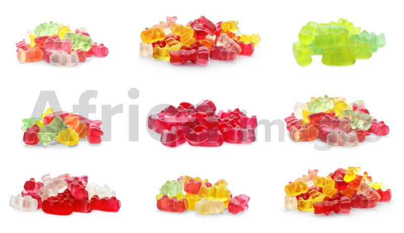 Image of Set of delicious jelly candies on white background. Banner design