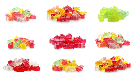 Set of delicious jelly candies on white background. Banner design