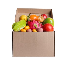 Cardboard box with different exotic fruits on white background
