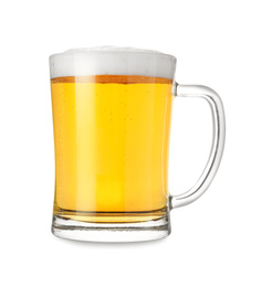 Glass mug with tasty beer isolated on white