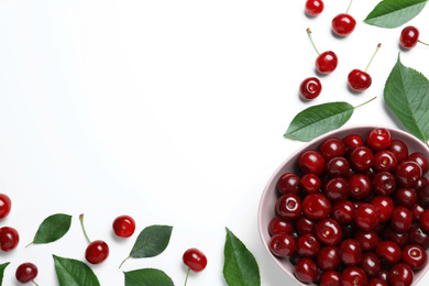 Sweet juicy cherries on white background, top view