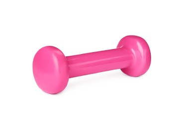Pink dumbbell isolated on white. Weight training equipment