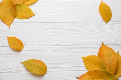 Autumn leaves on white wooden table, flat lay. Space for text