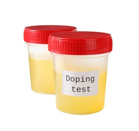 Jars of urine with words Doping test isolated on white