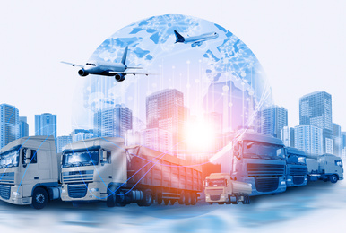Logistics concept. Multiple exposure of different transports and world globe, toned in blue  
