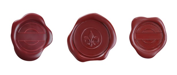 Set with red wax seals on white background, top view. Banner design 