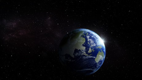 View of Earth in open space, illustration. Banner design