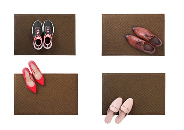 Set with door mats and different shoes on white background, top view