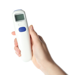 Woman holding non-contact infrared thermometer on white background, closeup