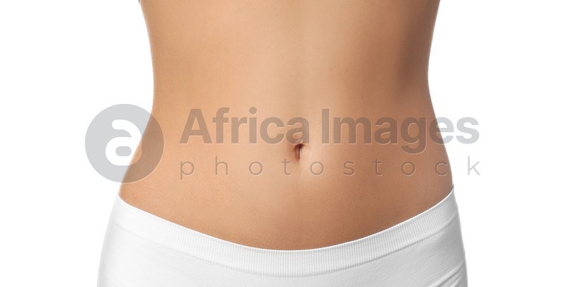 Beautiful young woman with perfect body on white background, closeup