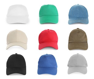 Set with stylish baseball caps on white background