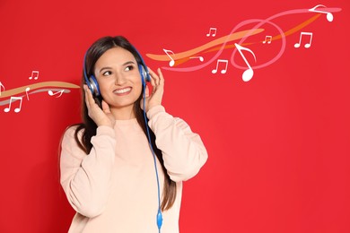 Image of Beautiful happy woman listening to music on red background. Music notes illustrations flowing from headphones