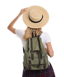 Woman with backpack and straw hat on white background, back view. Summer travel
