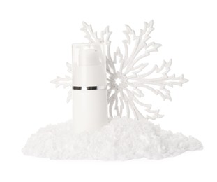 Photo of Hand cream and Christmas decor isolated on white. Winter skin care