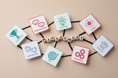 Image of Scheme with word Management of made wooden cubes and paper card with different images on beige background, flat lay