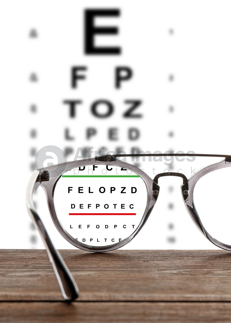 Glasses on wooden table. View through lenses on eye chart, white background
