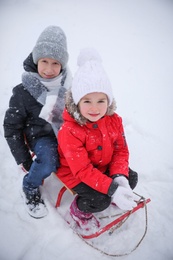 Cute little children sitting on sleigh in snowy park, above view